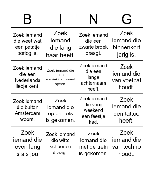 Zoek iemand die.... Bingo Card