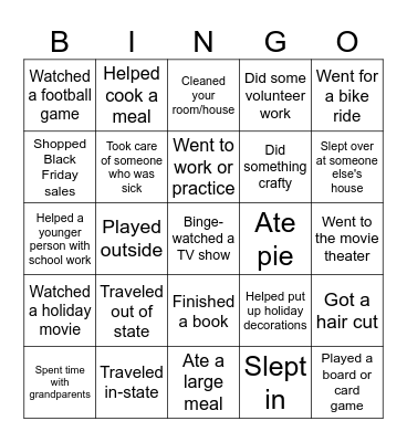 Thanksgiving Break Bingo Card