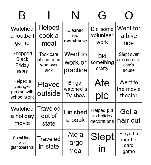 Thanksgiving Break Bingo Card