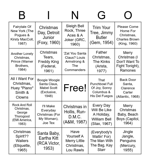 Holiday Music Bingo Card