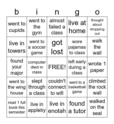 College Common Sense Bingo Card