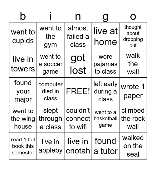 College Common Sense Bingo Card