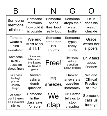 Monday (Both Med Man + Clinical Practice) Bingo Card