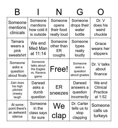 Monday (Both Med Man + Clinical Practice) Bingo Card