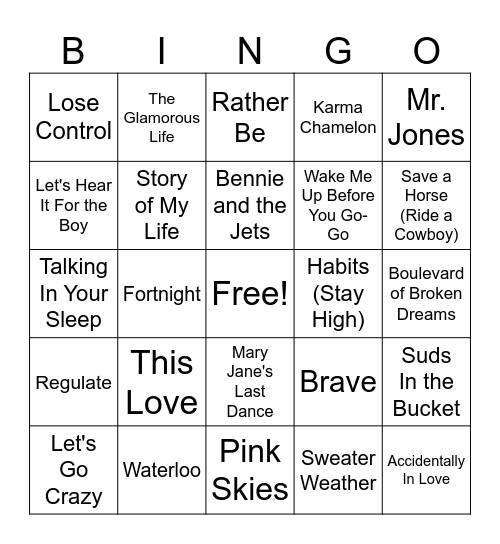 '4' Music Bingo #2 Bingo Card
