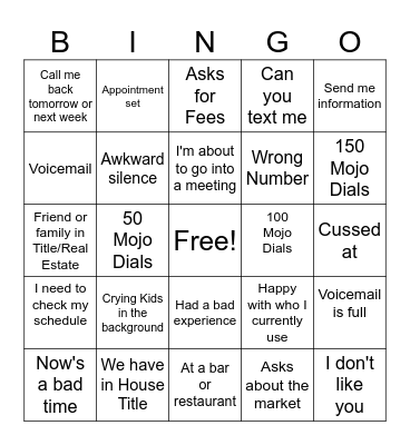 Realtor Call Night Bingo Card