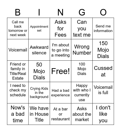 Realtor Call Night Bingo Card