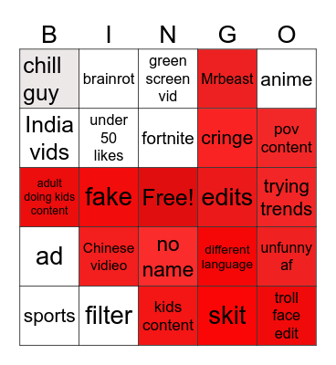 YouTube shorts Bingo Card