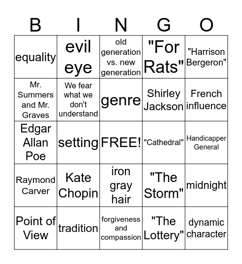 Short Story Unit Bingo Card