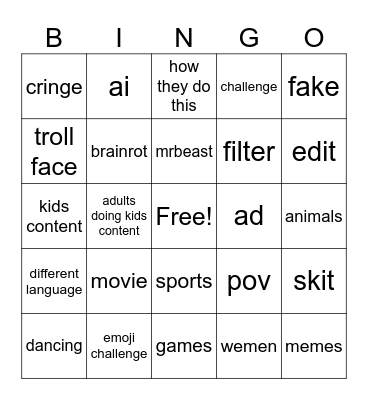 youtube Bingo Card