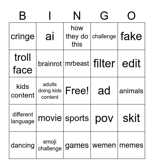 youtube Bingo Card