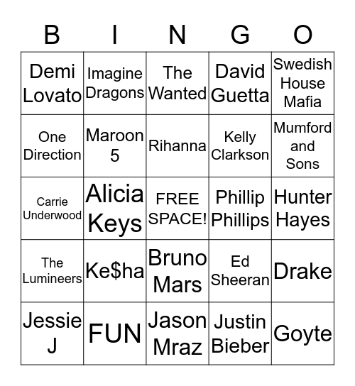 Musical Artists Bingo - 2012/2013 Bingo Card