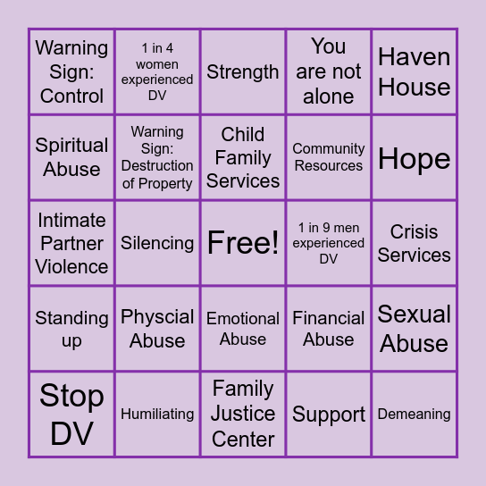 Domestic Violence Awareness Month Bingo Card