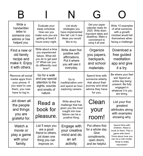 ACA Winter Break Challenge Bingo Card