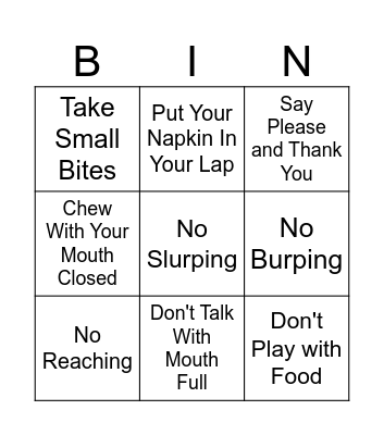 Table Manners Bingo Card