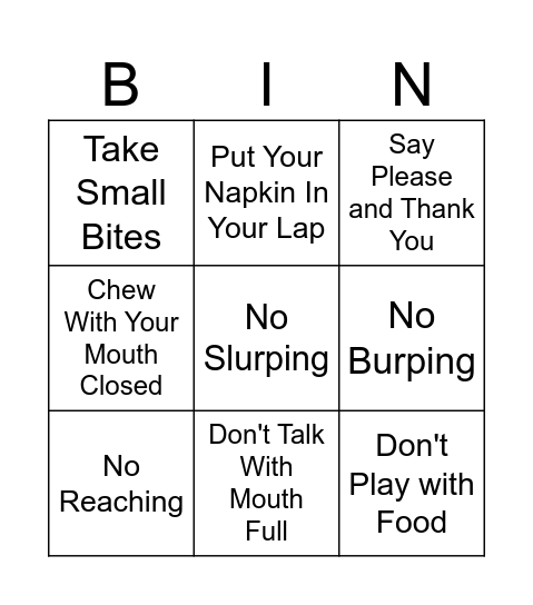 Table Manners Bingo Card
