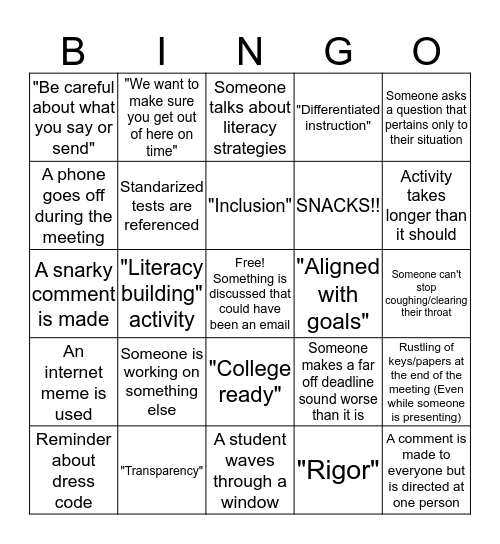 Alicia's Faculty Meeting Bingo Card