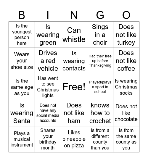 Jingle Mingle Bingo Card