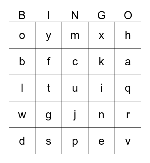 Lowercase Alphabet Bingo Card