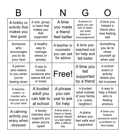 Building a Support Network Bingo Card