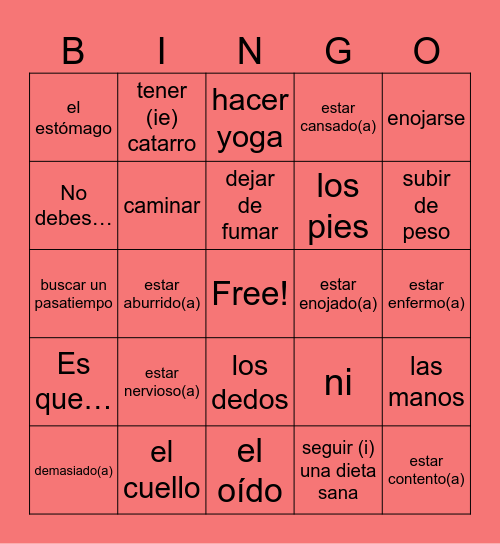 7.2 Vocabulario Bingo Card