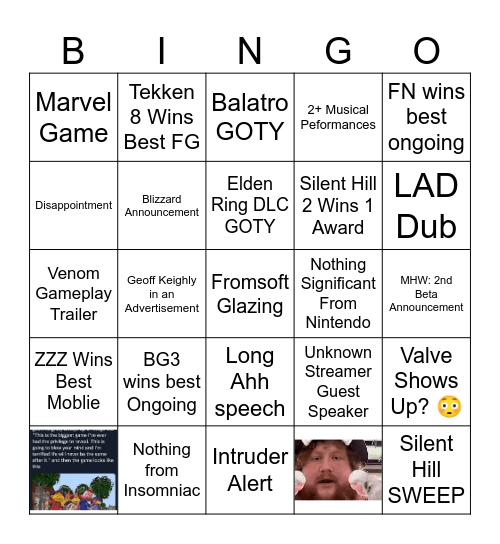 Game Awards Bingo Card