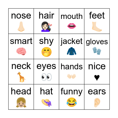 BODY PARTS, PERSONALITY, CLOTHES Bingo Card