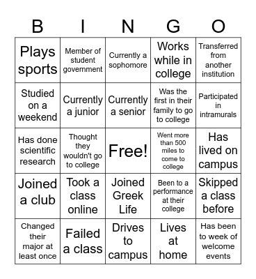 College Bingo Card