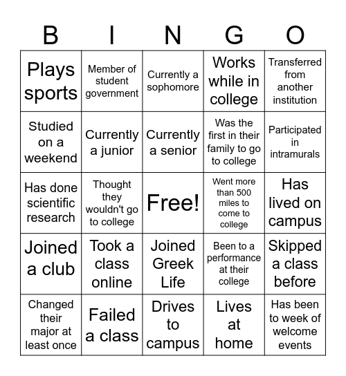 College Bingo Card