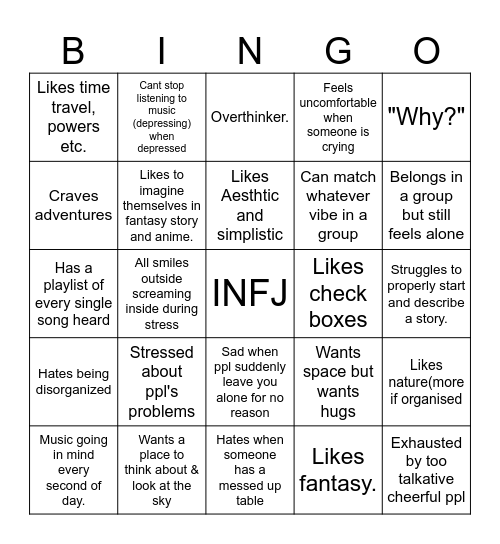 INFJ Bingo Card