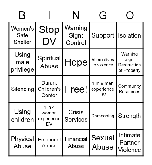 Domestic Violence Awareness Month Bingo Card