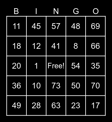 CARD NI BLACK Bingo Card