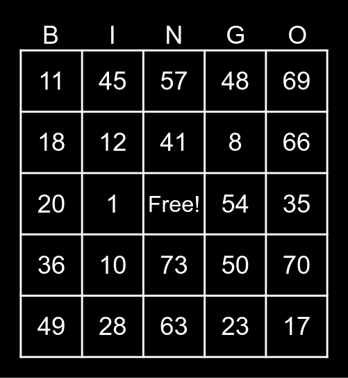 CARD NI BLACK Bingo Card