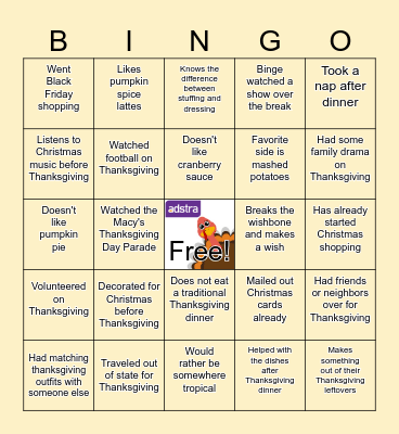 Thanksgiving BINGO Find Someone Who... Bingo Card