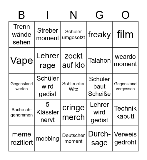 Schul Bingo Card