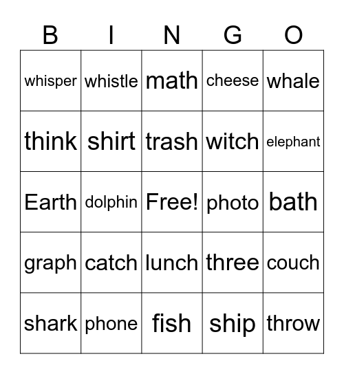 Digraphs Bingo Card