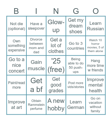 year of '25 goals Bingo Card