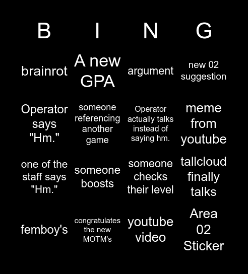 Area 02 Discord Bingo Card