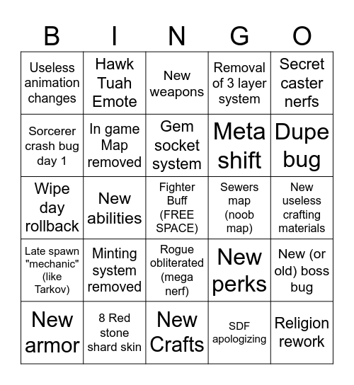 Season 5 Wipe Day BINGO Card