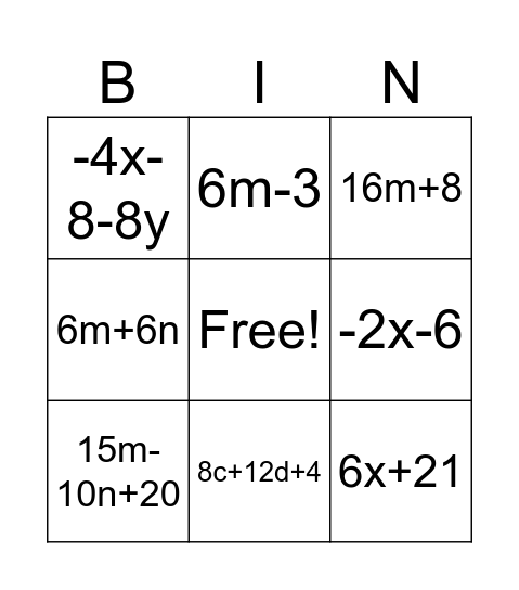 distributive property Bingo Card