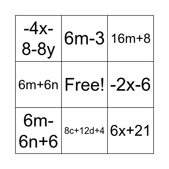 Distributive Pproperty (2-3Terms) Bingo Card