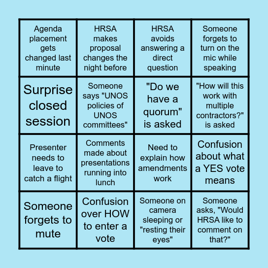 Board Meeting Bingo Card