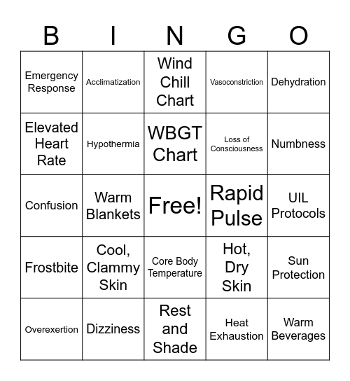 Heat and Cold Illnesses Bingo Card