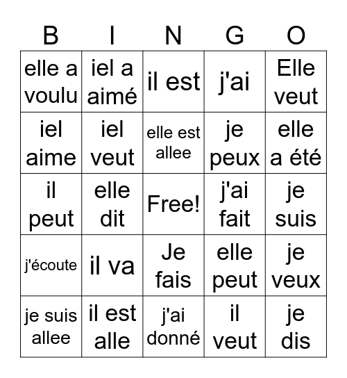 Francais les doux seize verbes Bingo Card