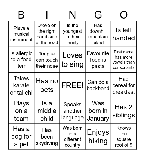 Get to know you Bingo Card