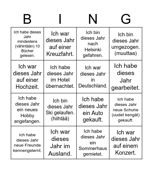 Was hast du dieses Jahr gemacht? Bingo Card