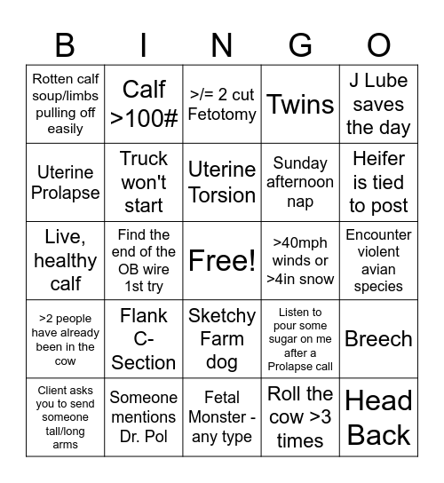 Calving Season Bingo Card