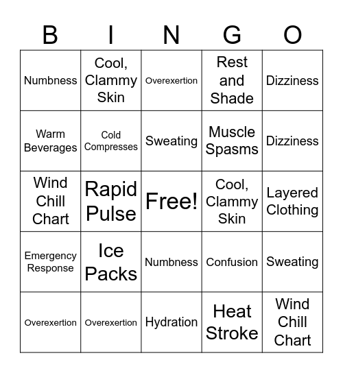 Heat and Cold Illnesses Bingo Card