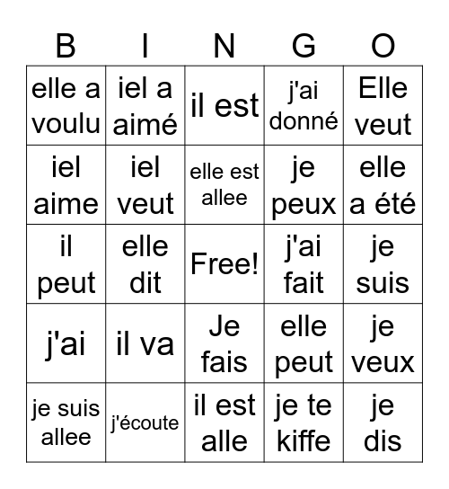 Francais les doux seize verbes Bingo Card