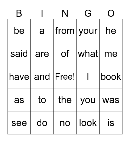 1st Grade Bingo Card